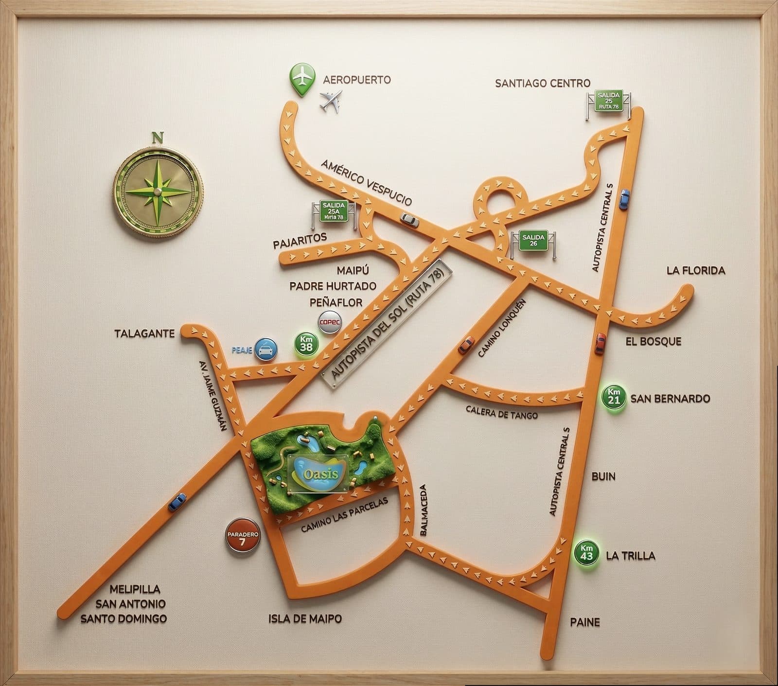 Mapa ilustrado de cómo llegar a Parque Oasis desde Santiago — Autopista del Sol (Ruta 78), Isla de Maipo