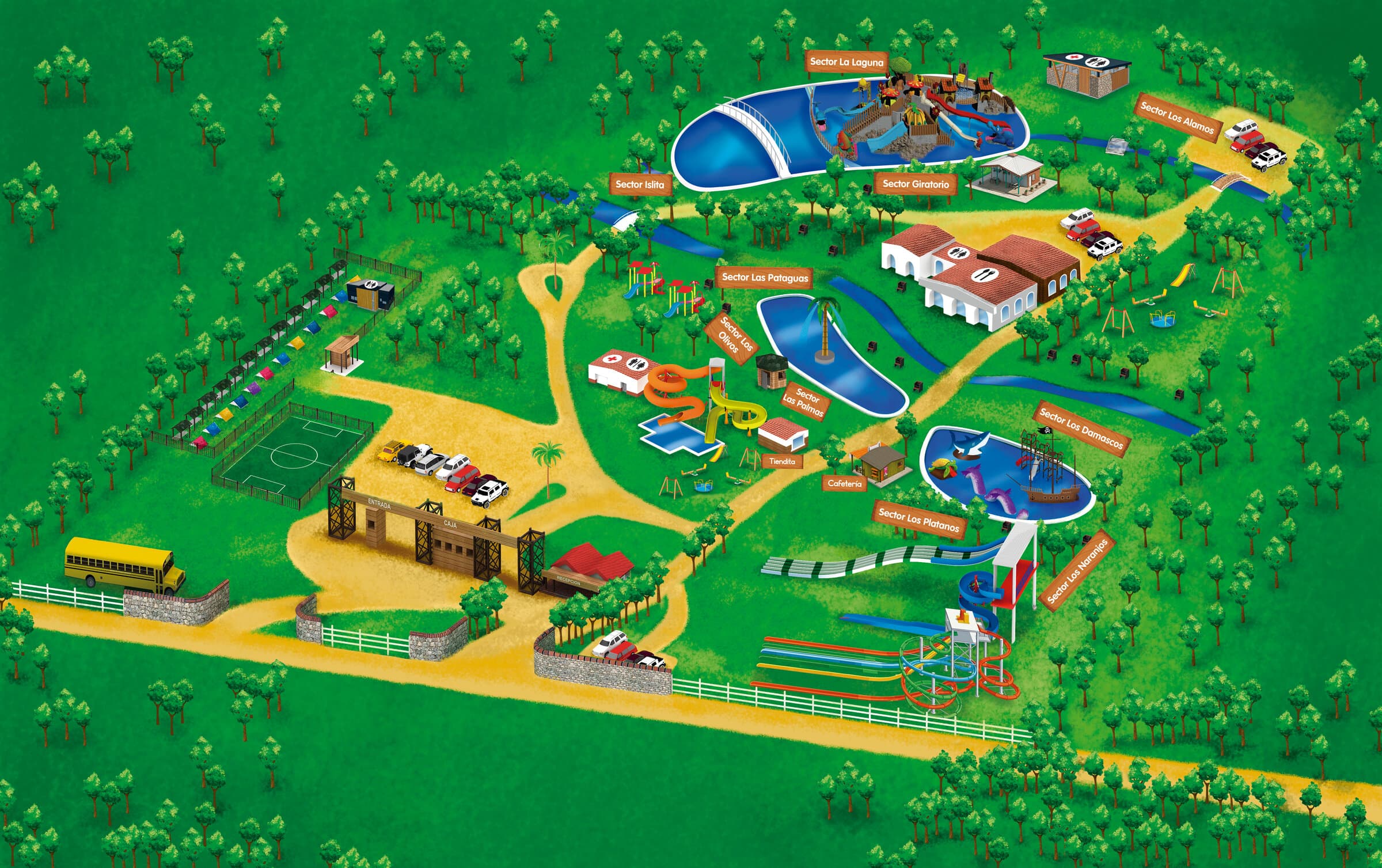 Plano ilustrado de Parque Oasis con todas las zonas, piscinas, toboganes, camping y servicios